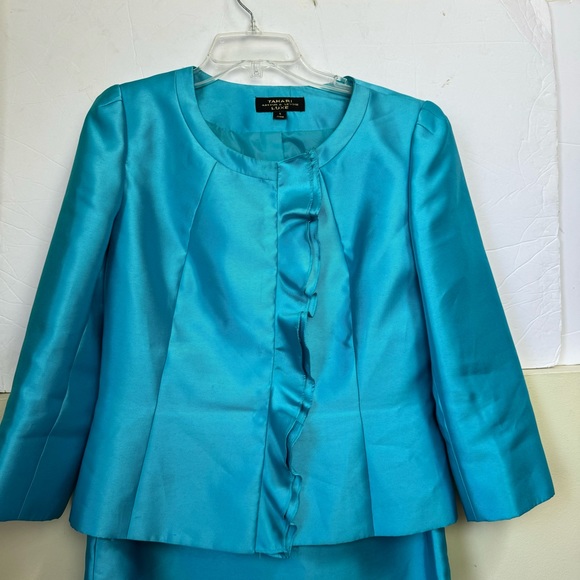 Tahari ASL LUXE Tiffany Blue Ruffle Jacket Skirt Evening Formal Suit Two Piece 6 - Picture 10 of 16